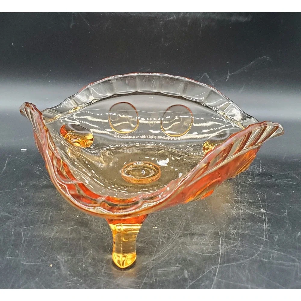 Vintage New Martinsville Glass Amber Thumbprint Footed Bowl Dish 7